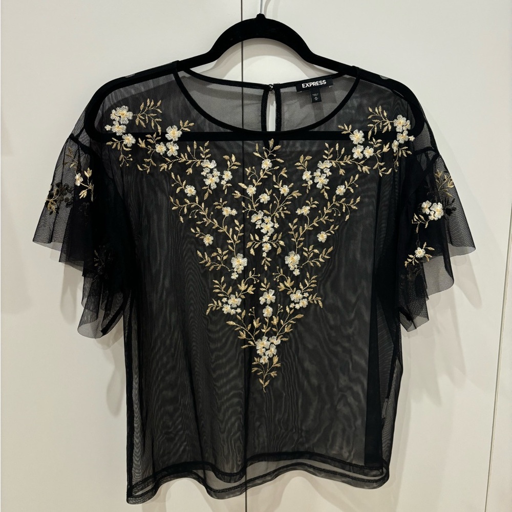 Express Black Floral Embroidered Mesh Women's Top